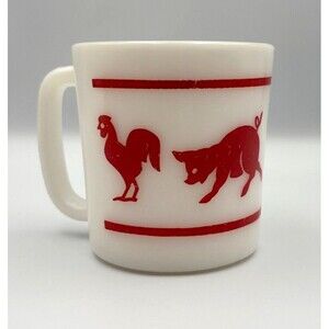Hazel Atlas Farm Animal Mug Cup Red Rooster Pig Lamb Duck Milk Glass